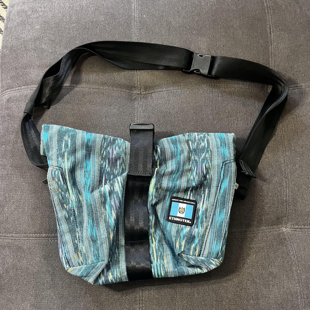 Ethnotek Crossbody Messenger Bag Teal Woven Guatemala Fabric Roll Top Padded